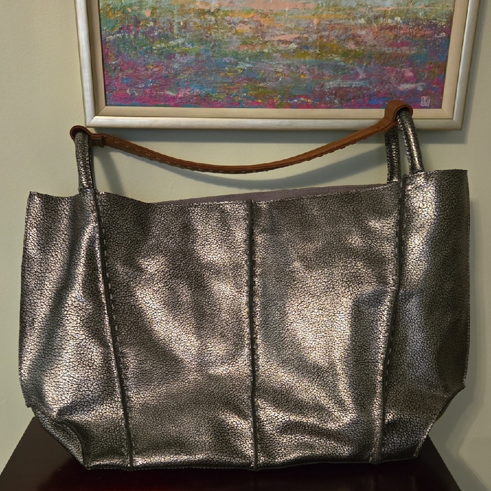 The Sak Metallic Silver Tote with Tan Handles, Los Feliz Large Tote, Never Used!